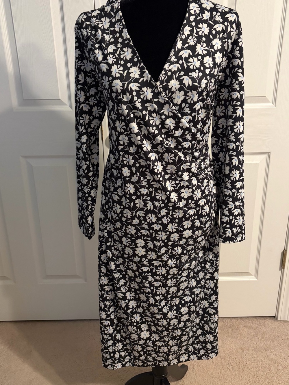 Ann Taylor Black Dress with White Floral Print — Long Sleeve Wrap Style